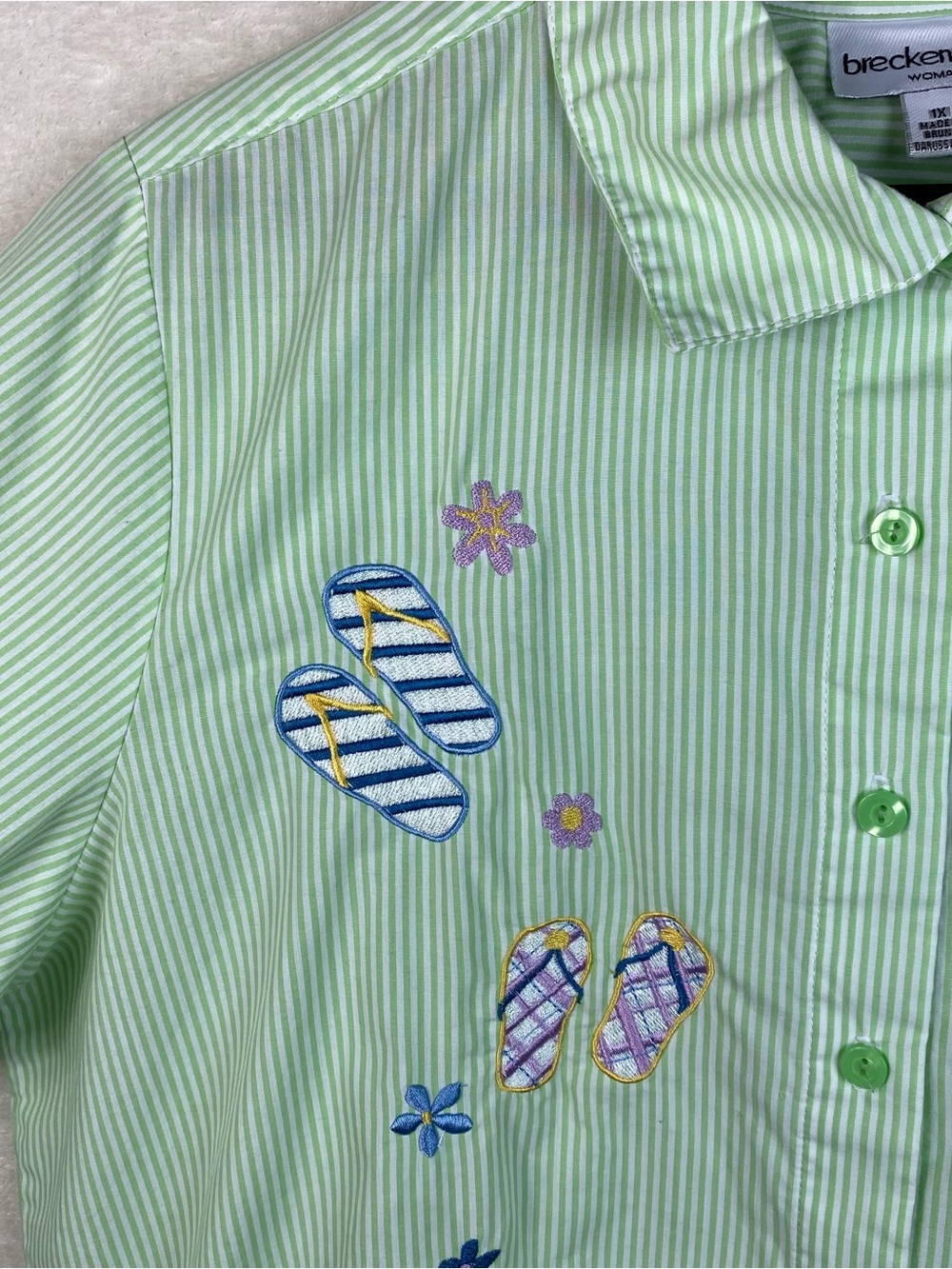 Breckenridge Plus 1X Green 3/4 Sleeve Button Down Shirt Flip Flop Embroidered - Picture 4 of 14